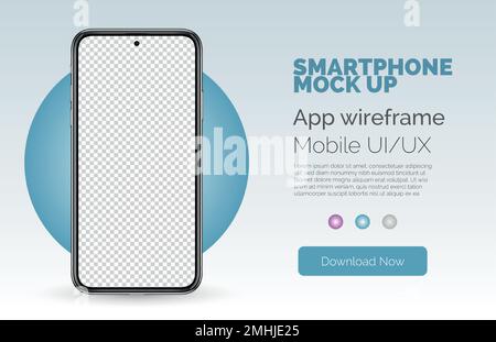 Realistic smart phone mockup. Smartphone with blank, transparent screen design. Cell phone black frame display front view mock up for presentation. Vector modern digital device template Stock Vector