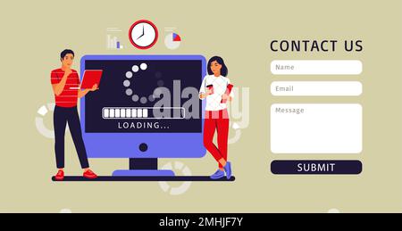 Update concept. Programmers upgrading operation system of computer. Contact us. Vector illustration. Flat Stock Vector