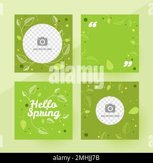 Hello spring social media post template with green leaves pattern. Editable template with a place for a picture. Vector illustration Stock Vector