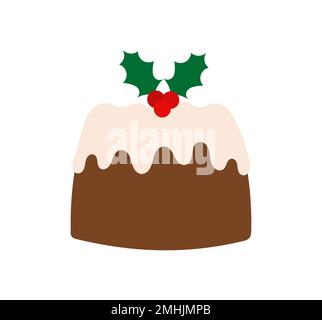 Christmas cake pudding with holly berries decoration icon. Traditional Christmas dessert. Vector illustration. Stock Vector