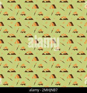 Seamless pattern with summer camping attributes on a green background drawing in a flat style Stock Vector