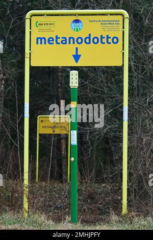 Signage indicating the presence of a methane pipeline distribution line. Condove, Italy - January 2023 Stock Photo