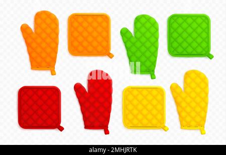 Kitchen mittens and potholders, fabric holders for cooking. Template of textile oven mitts and gloves bright colors, red, orange, yellow and green, ve Stock Vector