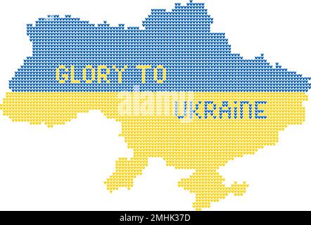 Textured Ukrainian geographical map made of knitting texture and words Glory to Ukraine in Ukrainian flag colors on transparent background Stock Vector
