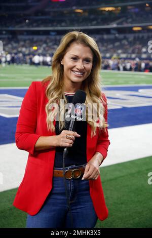 NFL Network reporter Jane Slater interviews works from the end zone after  an NFL football game between the Minnesota Vikings and Dallas Cowboys in  Arlington, Texas, Sunday, Nov. 10, 2019. (AP Photo/Michael