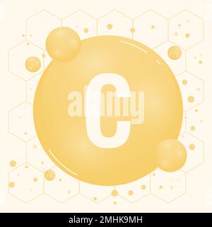 Vitamin C gold shining pill capcule icon. Vitamin complex with Chemical formula, ascorbic acid. Shining substance drop. Meds for heath ads. Vector Stock Vector