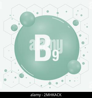 Vitamin B9 shining pill capcule icon. Vitamin complex with chemical formula, group B, folic acid. Shining substance drop. Meds for heath ads. Vector Stock Vector