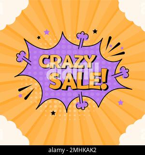Comic speech bubble with expression text crazy sale. Vector bright dynamic cartoon illustration in retro pop art style isolated on orange background Stock Vector