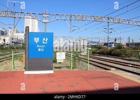 Sign on platform in Busan Station, Busan, Korea Stock Photo