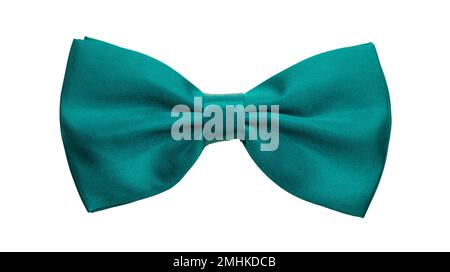 Green teal satin bow tie, formal dress code necktie accessory. Isolated on white background Stock Photo