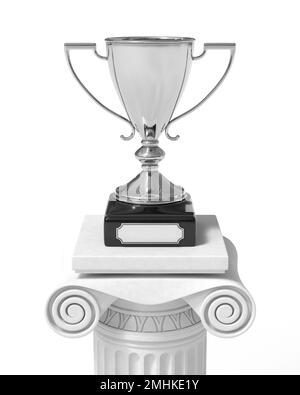 Silver trophy cup on an antique column in greek style 3D illustration Stock Photo