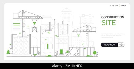 Construction site - thin line design style web banner Stock Vector