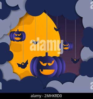 Dark clouds and bats with pumpkins on a string against a yellow moon. The shadow conveys the planarity of the illustration, and the contrasting colors Stock Vector