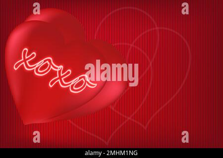 Two red hearts with the inscription XOXO on a red textured background with copy space. Concept for valentine's day, birthday, mother's day, women's day. Universal holiday background. Vector image. Stock Vector