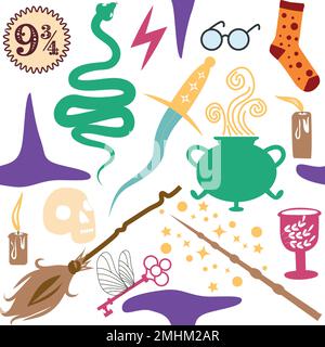 Witches school of magical objects seamless pattern in flat style. Broom, candle, skull, zipper, scarf, hat, potion, glasses knife Stock Vector