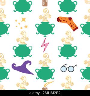 Witches school of magical objects seamless pattern in flat style. Broom, candle, skull, zipper, scarf, hat, potion, glasses knife Stock Vector