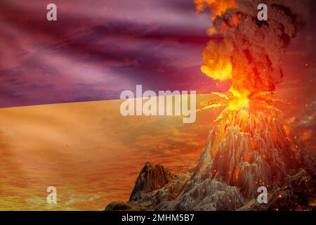 high volcano blast eruption at night with explosion on Ukraine flag background, troubles because of natural disaster and volcanic earthquake conceptua Stock Photo