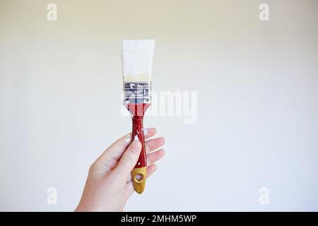 Close up of hand holding paintbrush with white paint against painted wall Stock Photo