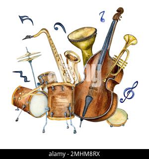 Composition of contrabass, jazz musical instruments and signs watercolor illustration isolated. Saxophone, drums, notes hand drawn. Design element for Stock Photo