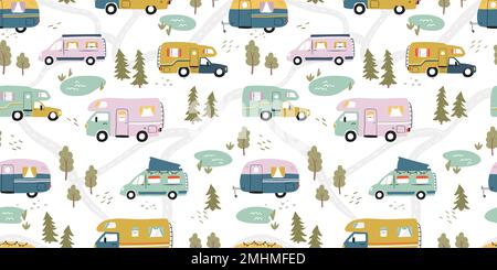 Road trip seamless pattern, doodle camper vans, vanlife, adventure - great for textiles, banners, wallpapers - vector design Stock Vector
