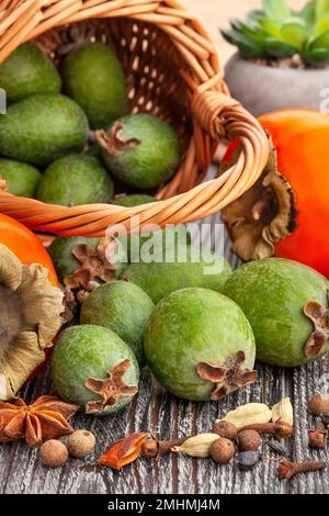 feijoa group on wood background Stock Photo