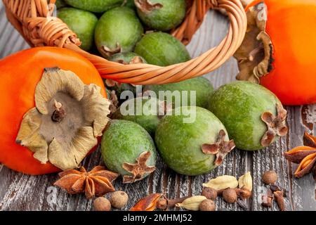 feijoa group on wood background Stock Photo