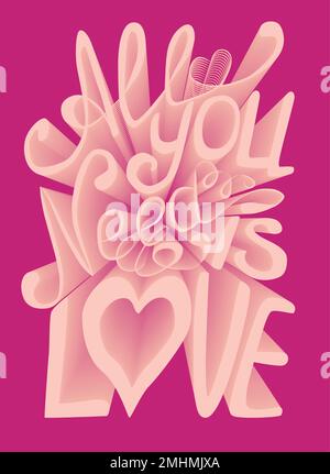All you need is love. Love 3d text effect. Valentine card template. Volumetric lettering. Stock Vector