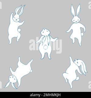 Set with dancing little happy white rabbits. Hare symbol new year 2023. Five cute bunnies in different poses isolated on grey background. Funny animal Stock Vector