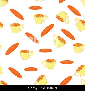 Cups and saucers bright seamless pattern. Tea, tea shop, coffee. Wallpaper, wrapping paper fabric Stock Vector