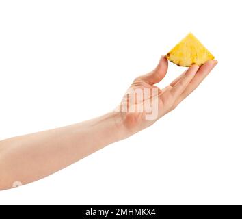 pineapple slice in hand path isolated on white Stock Photo