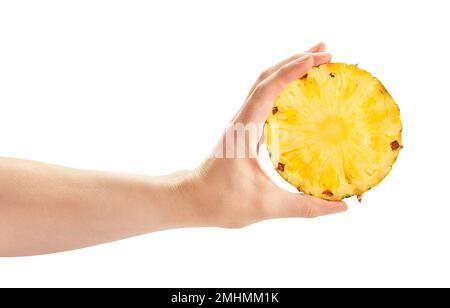 pineapple slice in hand path isolated on white Stock Photo