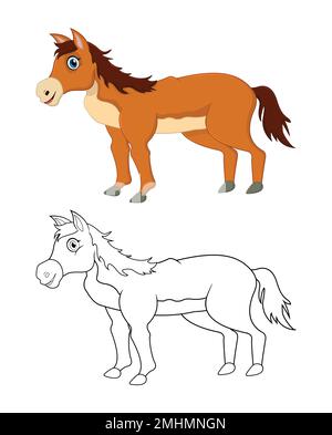 Happy cartoon horse with line art, horse sketch color less page isolated on white background. Stock Vector
