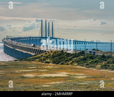 Oresundsbron or Oresund Bridge. Gigantic link between Sweden and Denmark allows nations interconnection via the Oresund channel across the Baltic sea Stock Photo