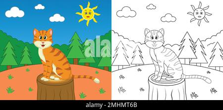 Wildlife cute cartoon cat coloring page with line art vector illustration Stock Vector