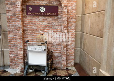 Moscow, Russia. 21st of January, 2023. Installation dedicated to the book about Harry Potter and displayed 'Platform 9 3/4 at King's Cross Station in London' in the Central Children's World store on Lubyanka in the center of Moscow, Russia Stock Photo