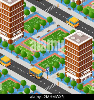 Isometric 3d block module of the district part of the city with a school from urban infrastructure vector bus Stock Vector