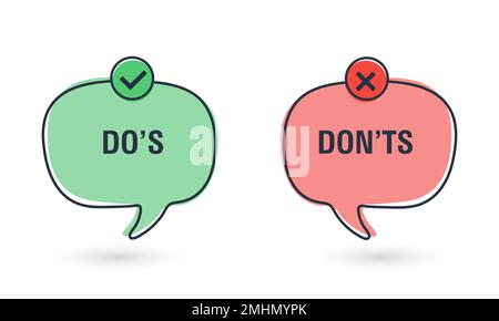 Do and Don't simple icons, vector elements. Check mark and cross in speech bubbles, used to indicate rules of conduct or response versions. Vector Stock Vector