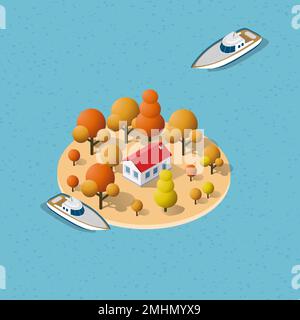 Isometric sea with island and yacht ship logistic illustration. Stock Vector