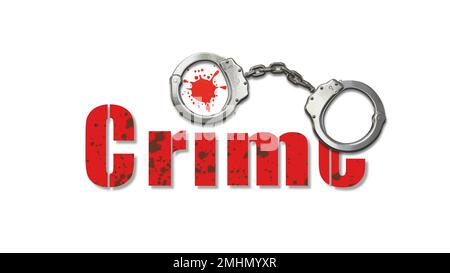 Handcuffs with crime written on white background and red blood splatter 3d illustration Stock Photo