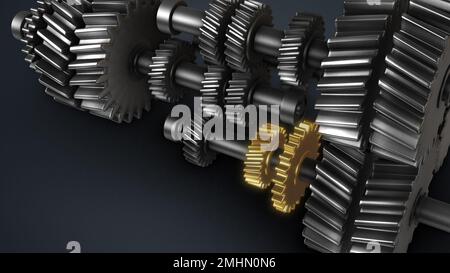3D mechanism with rotating gears. Design. Rotating mechanism with neon ...