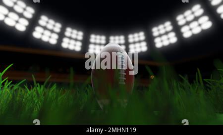 Rugby ball in football stadium with floodlights super bowl concept 3d illustration Stock Photo