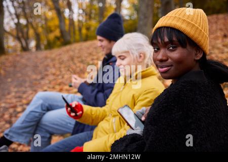 Three friends in park using smartphones Stock Photo