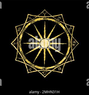 Illustration of a golden compass on black - zodiac wheel Stock Vector