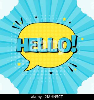 Comic speech bubble with expression text hello. Vector bright dynamic cartoon illustration in retro pop art style isolated on blue background. Vector Stock Vector