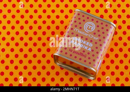 Prague,Czech Republic -  10 January, 2023: The box of Smoked Paprika on the background with red dots. Stock Photo