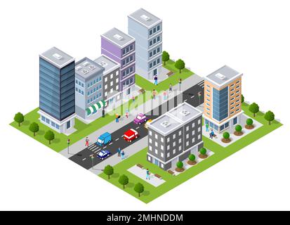 The urban scene feature city architecture, homes, streets, trees, and vehicles on urban-themed backgrounds. Isometric 3D illustrations of urban areas Stock Vector