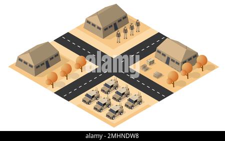 Multiple launch rocket systems army vehicles army missiles defense camouflage. Isometric 3d vector illustration. Stock Vector