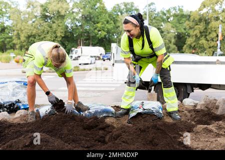 Female workers doing landscaping work Stock Photo