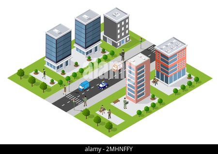 An isometric 3D illustration of a city urban scene with skyscrapers, streets, trees, and vehicles is illustrated on urban themes Stock Vector