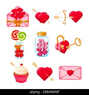 Set of 3D icons for Valentines Day on a white background. Heart love symbols, love message, red heart lock with key, cupids bow and arrow, jar of hear Stock Vector